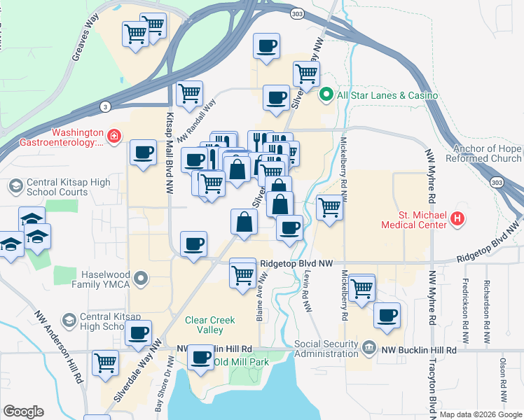 map of restaurants, bars, coffee shops, grocery stores, and more near 10356 Silverdale Way Northwest in Silverdale