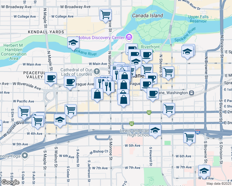 map of restaurants, bars, coffee shops, grocery stores, and more near 919 West 1st Avenue in Spokane
