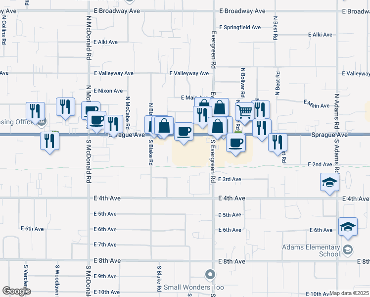 map of restaurants, bars, coffee shops, grocery stores, and more near 13724 E Sprague Ave in Spokane Valley