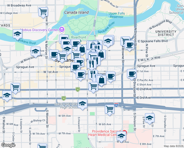 map of restaurants, bars, coffee shops, grocery stores, and more near 401 West 1st Avenue in Spokane