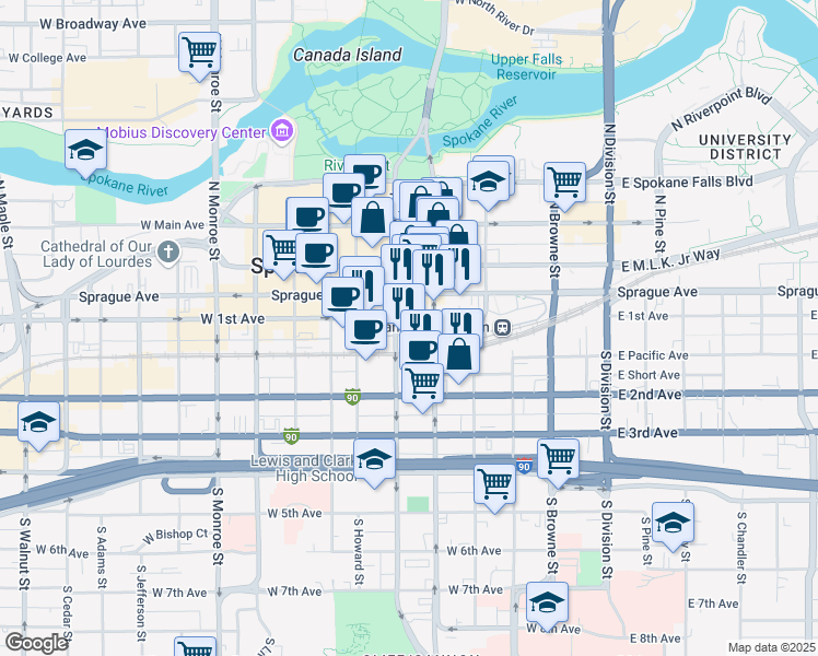 map of restaurants, bars, coffee shops, grocery stores, and more near 401 West 1st Avenue in Spokane