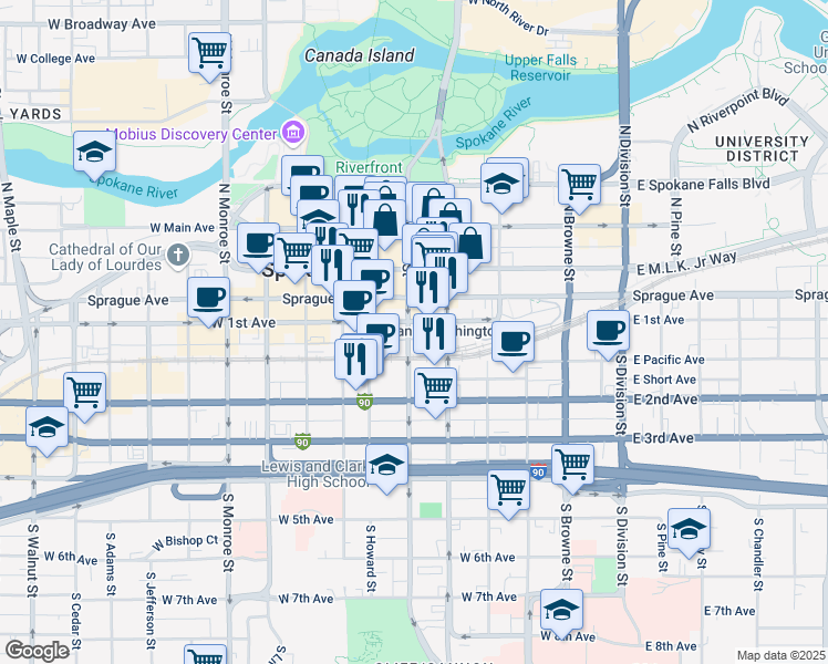 map of restaurants, bars, coffee shops, grocery stores, and more near 514 West 1st Avenue in Spokane