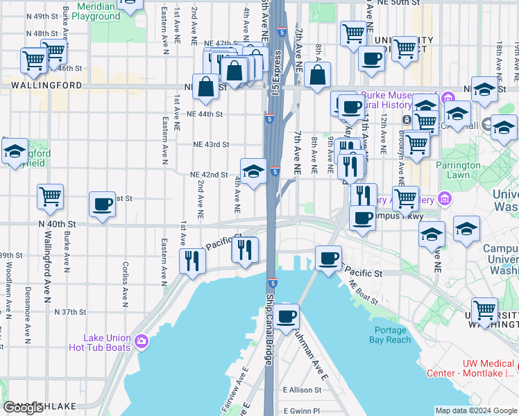 map of restaurants, bars, coffee shops, grocery stores, and more near 4030 5th Avenue Northeast in Seattle