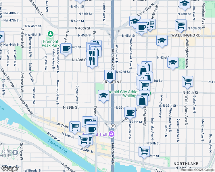 map of restaurants, bars, coffee shops, grocery stores, and more near in Seattle