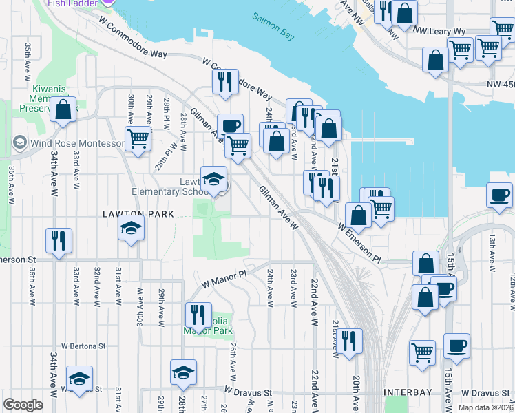 map of restaurants, bars, coffee shops, grocery stores, and more near 4016 Burton Place West in Seattle
