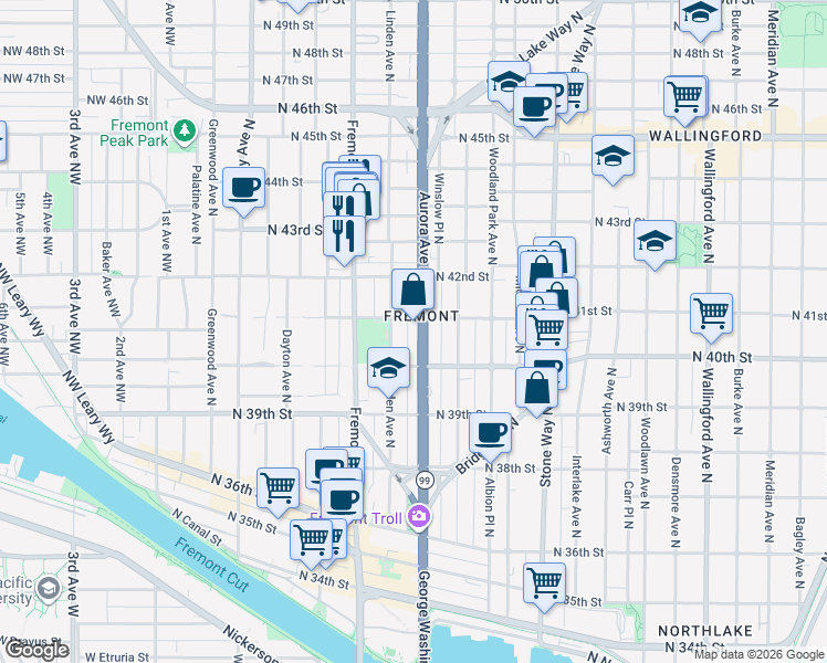 map of restaurants, bars, coffee shops, grocery stores, and more near in Seattle
