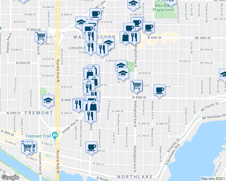 map of restaurants, bars, coffee shops, grocery stores, and more near 4018 Ashworth Avenue North in Seattle
