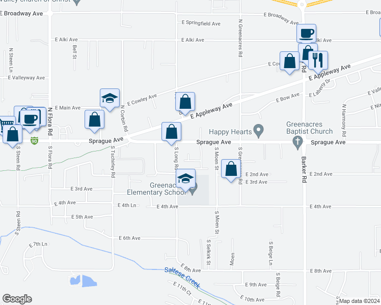 map of restaurants, bars, coffee shops, grocery stores, and more near 21 South Eden Lane in Spokane Valley
