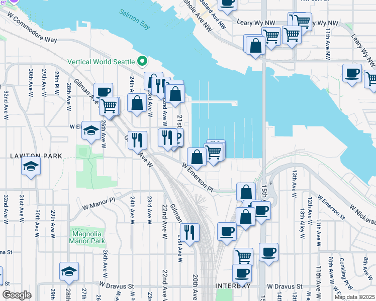 map of restaurants, bars, coffee shops, grocery stores, and more near 4005 20th Avenue West in Seattle