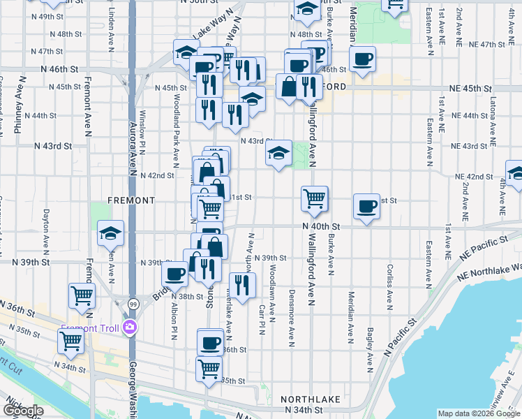 map of restaurants, bars, coffee shops, grocery stores, and more near 4020 Ashworth Avenue North in Seattle