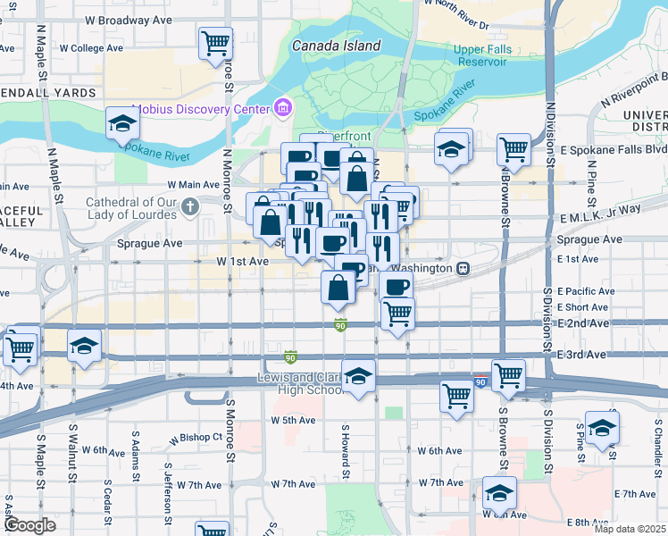 map of restaurants, bars, coffee shops, grocery stores, and more near 14001 West 1st Avenue in Spokane