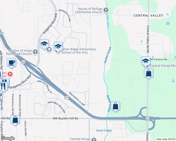 map of restaurants, bars, coffee shops, grocery stores, and more near 801 Northwest Highgarden Drive in Silverdale