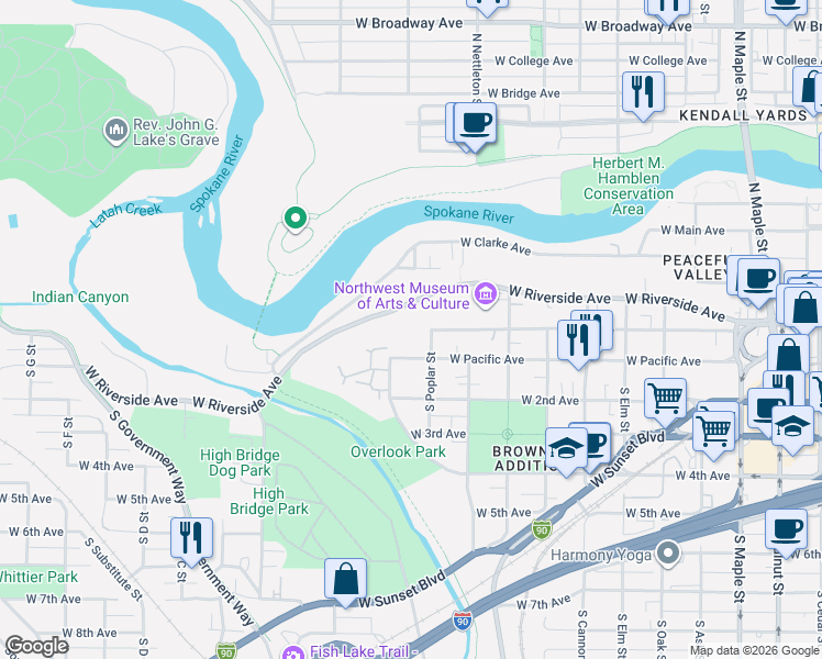 map of restaurants, bars, coffee shops, grocery stores, and more near 2415 West Riverside Avenue in Spokane