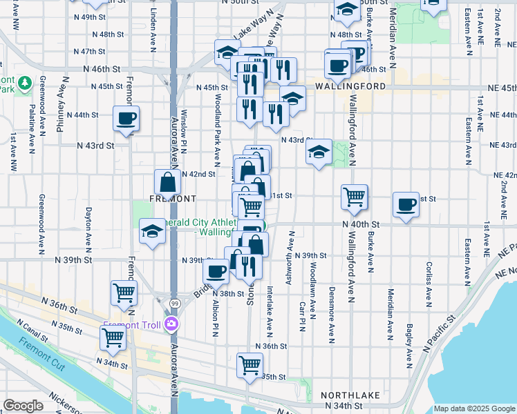 map of restaurants, bars, coffee shops, grocery stores, and more near 4032 Stone Way North in Seattle