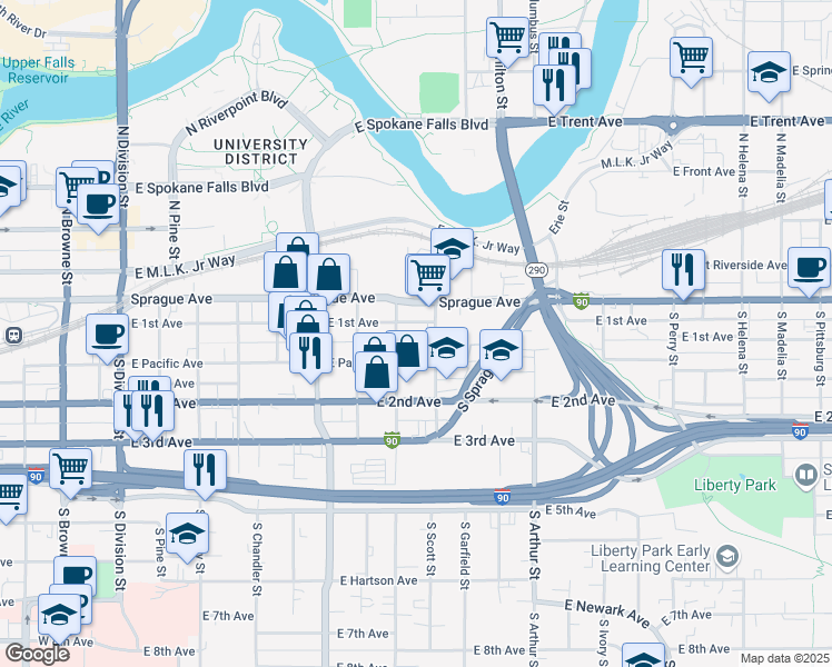map of restaurants, bars, coffee shops, grocery stores, and more near 790 East 1st Avenue in Spokane