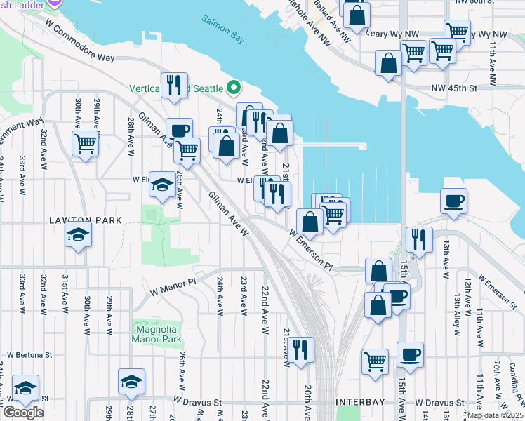 map of restaurants, bars, coffee shops, grocery stores, and more near 2200 West Emerson Street in Seattle