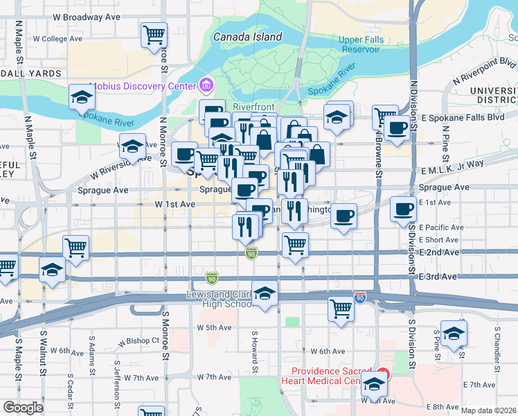 map of restaurants, bars, coffee shops, grocery stores, and more near 107 South Howard Street in Spokane