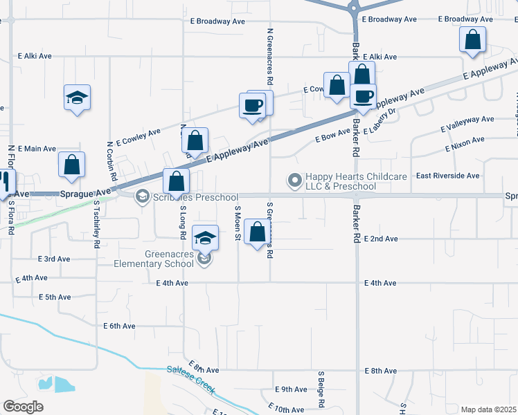 map of restaurants, bars, coffee shops, grocery stores, and more near 10 South Greenacres Road in Spokane Valley