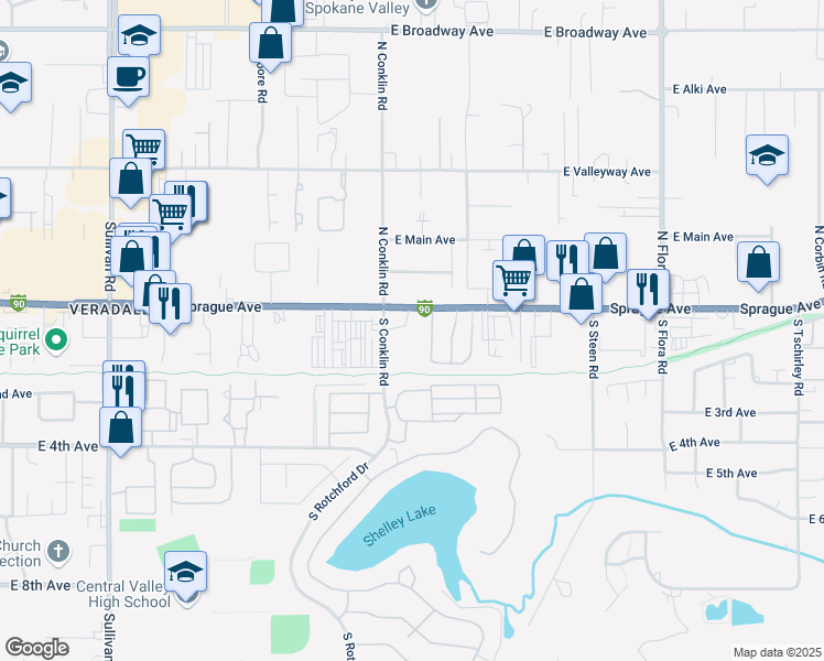 map of restaurants, bars, coffee shops, grocery stores, and more near 16412 East Sprague Avenue in Spokane Valley