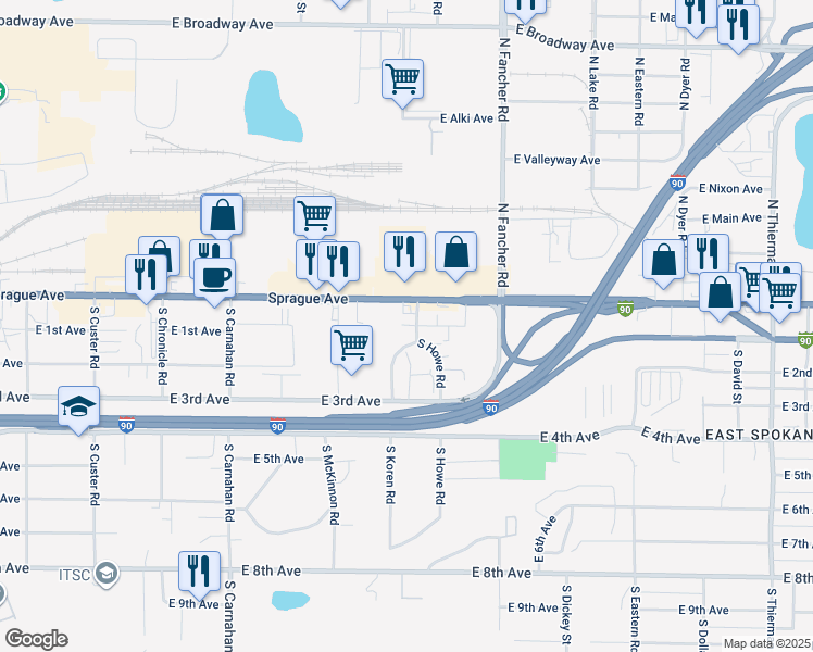 map of restaurants, bars, coffee shops, grocery stores, and more near 5522 E Sprague Ave in Spokane Valley