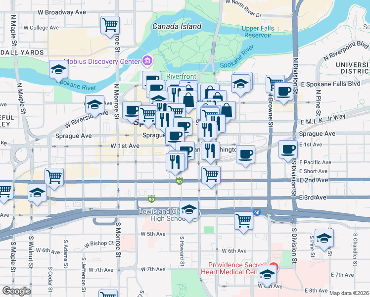 map of restaurants, bars, coffee shops, grocery stores, and more near 514 West 1st Avenue in Spokane