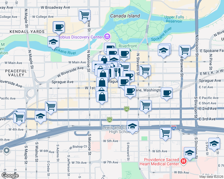 map of restaurants, bars, coffee shops, grocery stores, and more near 111 South Post Street in Spokane