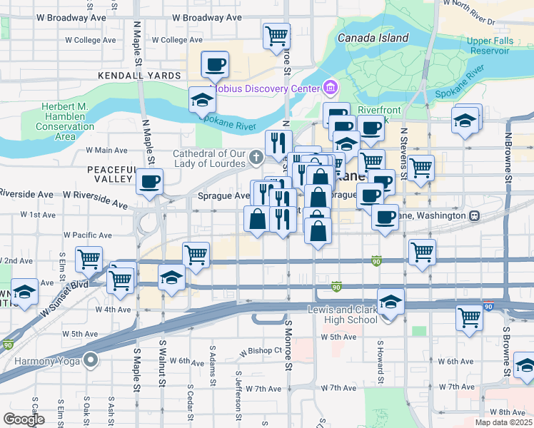 map of restaurants, bars, coffee shops, grocery stores, and more near 1033 West 1st Avenue in Spokane