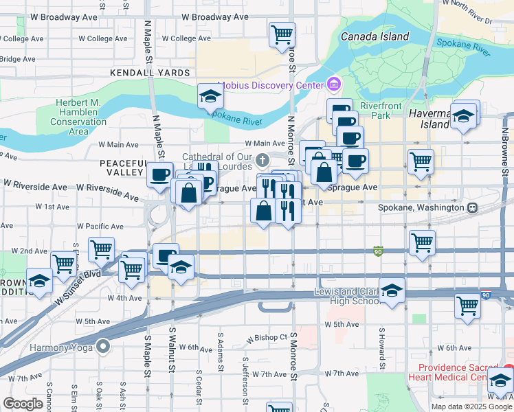 map of restaurants, bars, coffee shops, grocery stores, and more near 1119 West 1st Avenue in Spokane