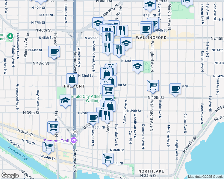 map of restaurants, bars, coffee shops, grocery stores, and more near 1317 North 41st Street in Seattle