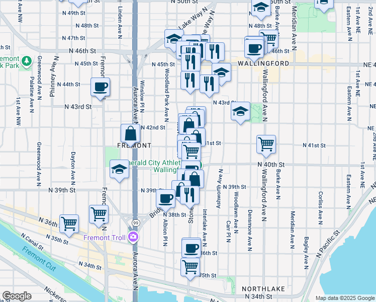 map of restaurants, bars, coffee shops, grocery stores, and more near 1211 North 41st Street in Seattle