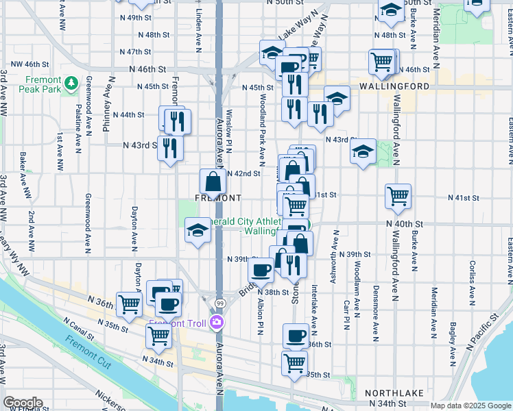 map of restaurants, bars, coffee shops, grocery stores, and more near 4040 Woodland Park Avenue North in Seattle