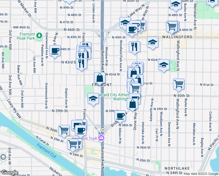 map of restaurants, bars, coffee shops, grocery stores, and more near 4033 Whitman Avenue North in Seattle