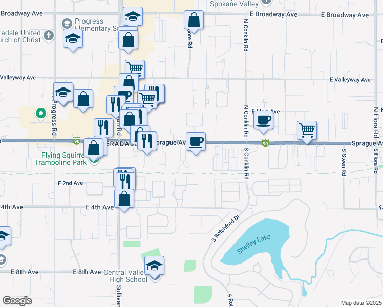 map of restaurants, bars, coffee shops, grocery stores, and more near 15916 East Sprague Avenue in Spokane Valley