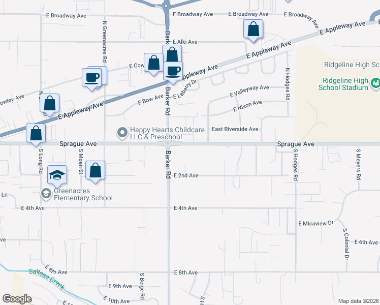 map of restaurants, bars, coffee shops, grocery stores, and more near 18808 East Sprague Avenue in Spokane Valley