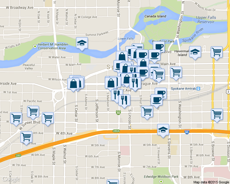 map of restaurants, bars, coffee shops, grocery stores, and more near 1009 West 1st Avenue in Spokane