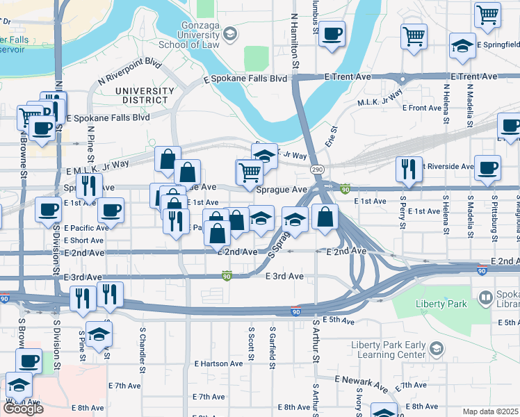 map of restaurants, bars, coffee shops, grocery stores, and more near 790 East 1st Avenue in Spokane