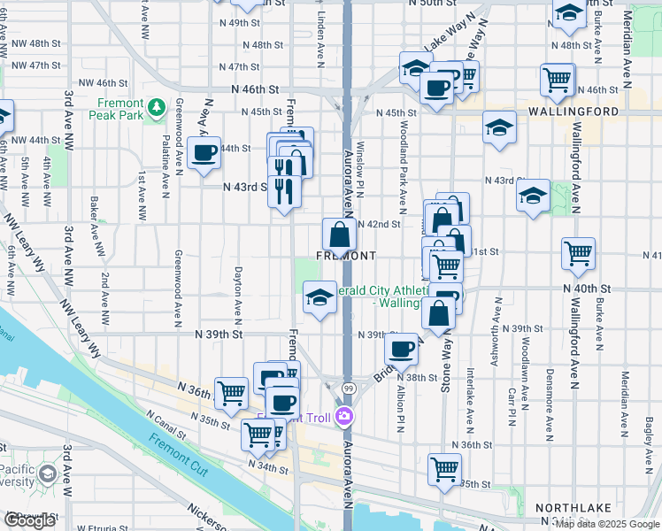 map of restaurants, bars, coffee shops, grocery stores, and more near 4036 Linden Avenue North in Seattle