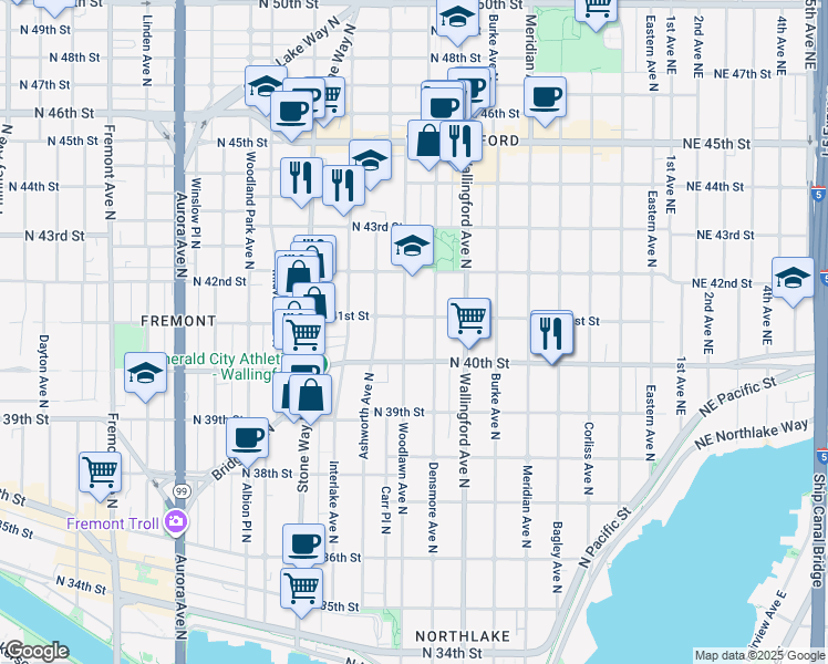 map of restaurants, bars, coffee shops, grocery stores, and more near 4024 Woodlawn Avenue North in Seattle