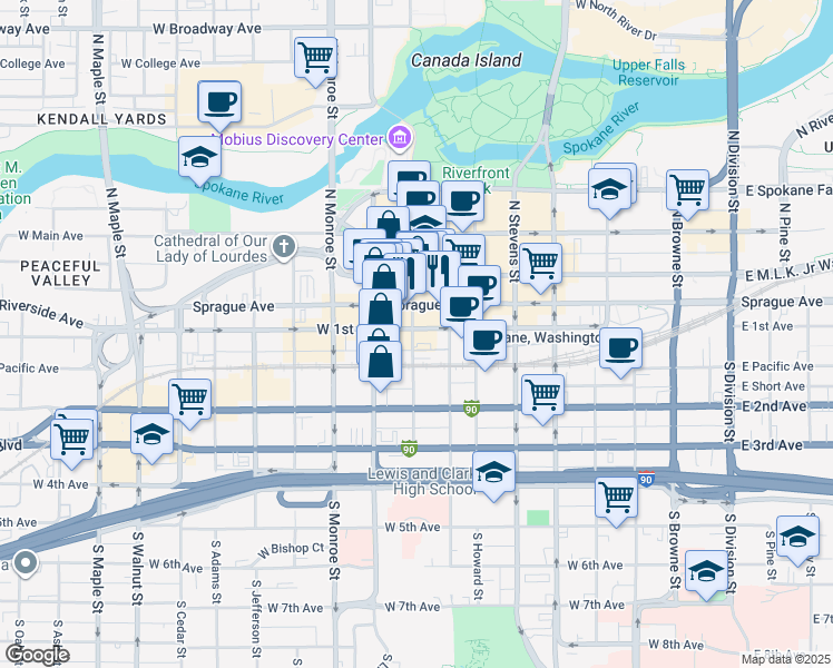 map of restaurants, bars, coffee shops, grocery stores, and more near 111 South Post Street in Spokane
