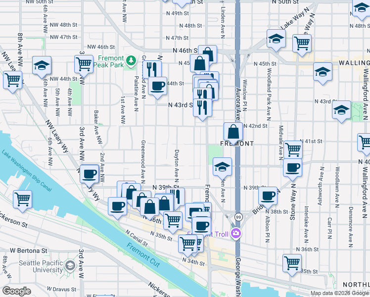 map of restaurants, bars, coffee shops, grocery stores, and more near 515 North 41st Street in Seattle