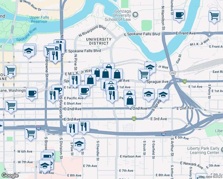 map of restaurants, bars, coffee shops, grocery stores, and more near 20 South Sherman Street in Spokane