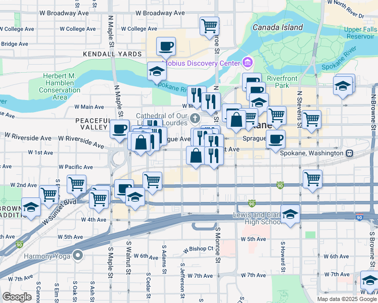 map of restaurants, bars, coffee shops, grocery stores, and more near 1119 West 1st Avenue in Spokane