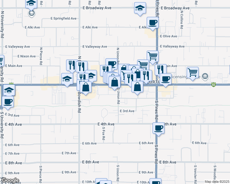 map of restaurants, bars, coffee shops, grocery stores, and more near 11811 East 1st Avenue in Spokane Valley