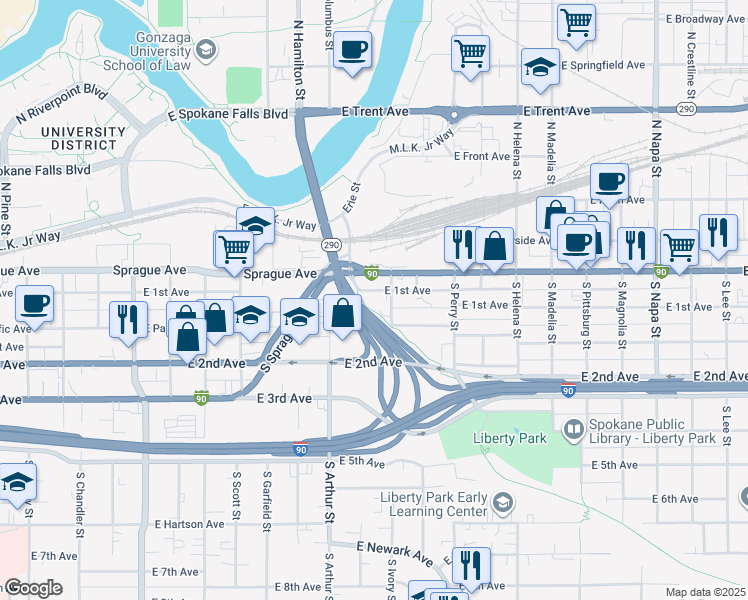 map of restaurants, bars, coffee shops, grocery stores, and more near 1120 East 1st Avenue in Spokane