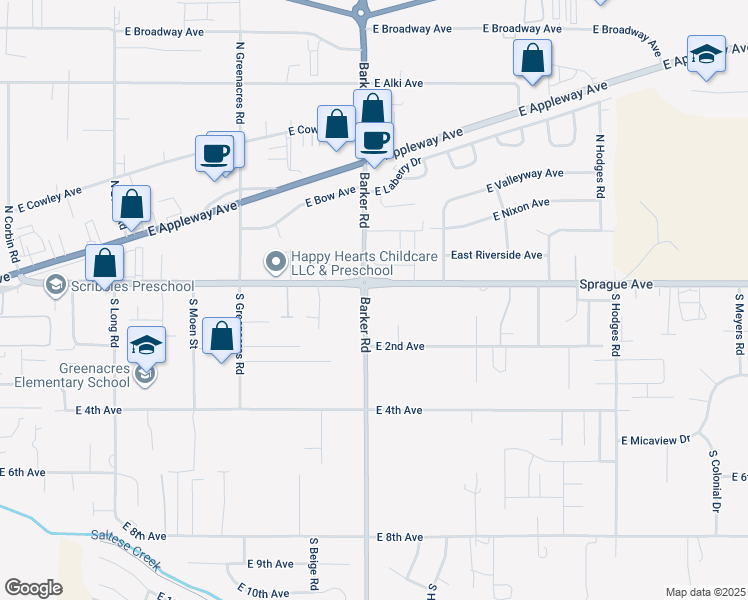 map of restaurants, bars, coffee shops, grocery stores, and more near 11 South Barker Road in Spokane Valley