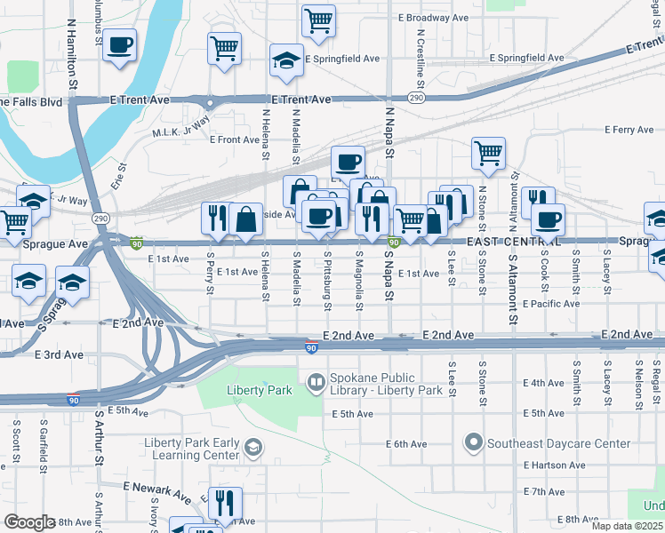 map of restaurants, bars, coffee shops, grocery stores, and more near 1801 East 1st Avenue in Spokane