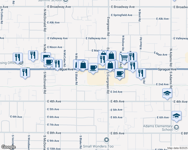 map of restaurants, bars, coffee shops, grocery stores, and more near 13724 East Sprague Avenue in Spokane Valley
