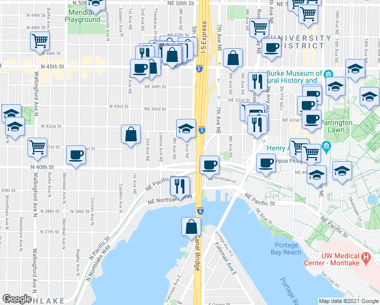 map of restaurants, bars, coffee shops, grocery stores, and more near 4030 5th Avenue Northeast in Seattle