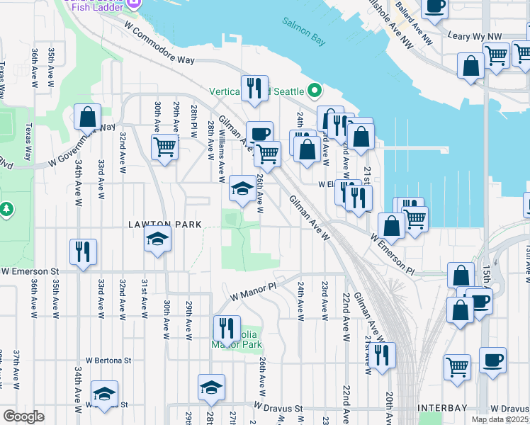 map of restaurants, bars, coffee shops, grocery stores, and more near 4018 26th Avenue West in Seattle