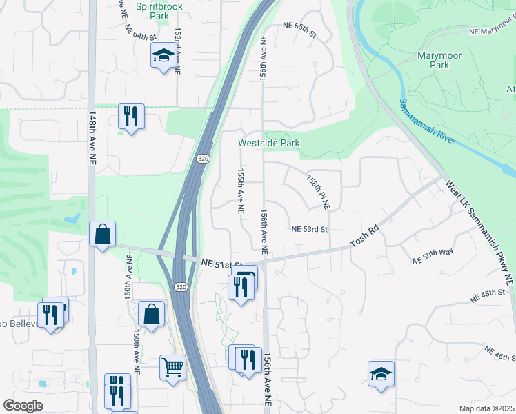 map of restaurants, bars, coffee shops, grocery stores, and more near 5333 156th Avenue Northeast in Redmond